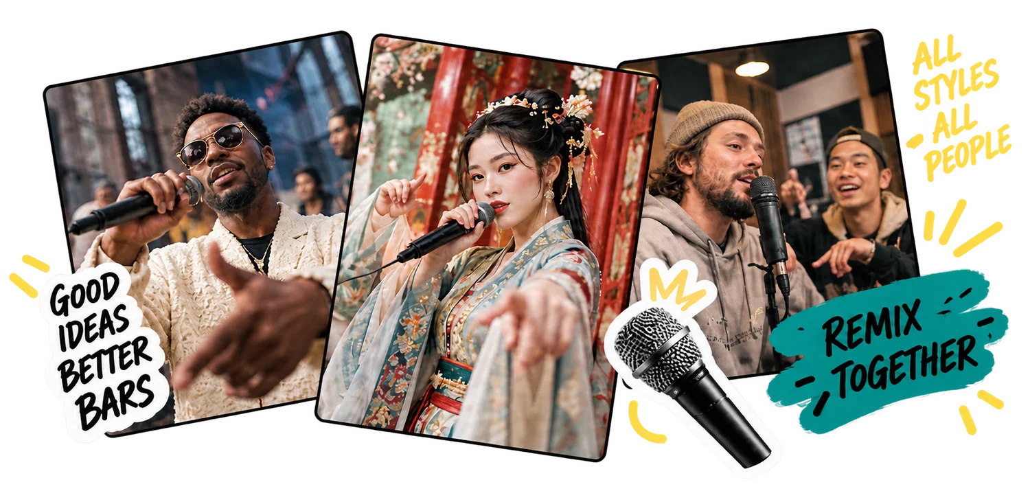 A collage of a rapper, a classical character and friends, with colorful music stickers.