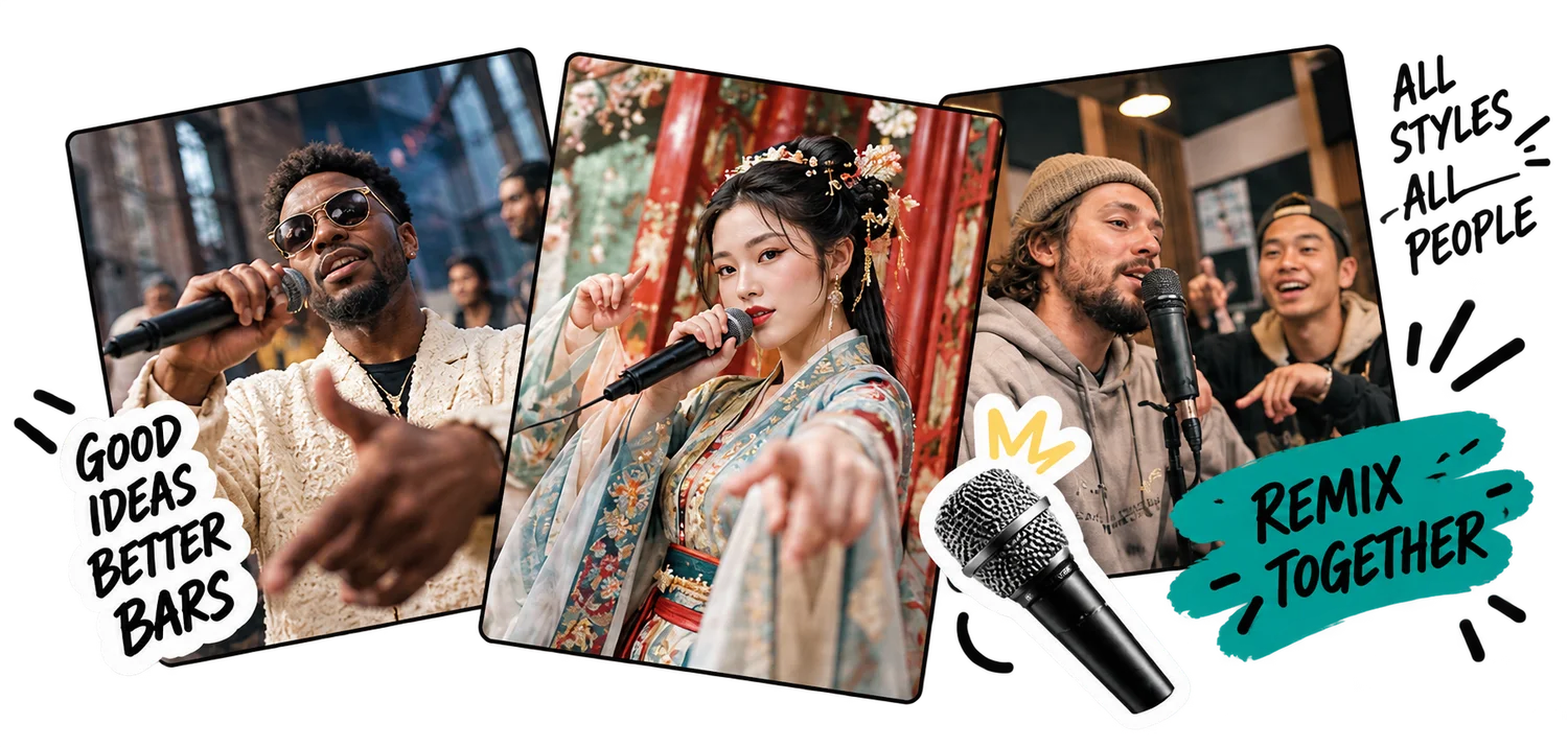 A collage of a rapper, a classical character and friends, with colorful music stickers.